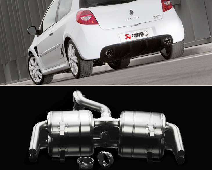 AKRAPOVIC Sport-Auspuff / ESD Edelstahl für: RENAULT Clio RS / 2009- / Carbon Anbau-Ringe für die Heckschürze | Info: + 2 PS, + 4 Nm