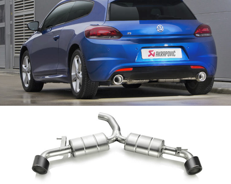 AKRAPOVIC Sport-Auspuff / ESD Edelstahl für: VW Scirocco R / Carbon Endrohre 2x 115 mm rund, schräg | Info: + 4 PS, + 3 Nm, - 3 kg