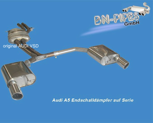 BN-PIPES Sportauspuff / Duplex-ESD für: AUDI A5, A5 Quattro - B8 / V6 3.2 - 195 kW |  Endrohr-Typ: 2x90 rund eingerollt, angeschrägt 20° | Sportlich-satter Sound ohne Dröhnen im Innenraum.
