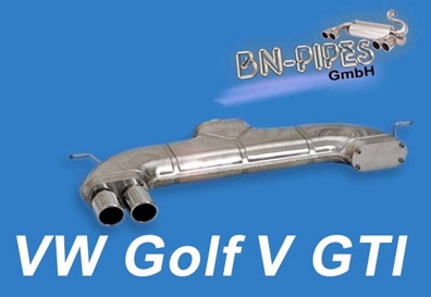 BN-PIPES Sportauspuff / ESD für: VW Golf 5 GTI - 1K / 2.0TFSI - 147,169 kW | Endrohr-Typ: 2x76 rund eingerollt, 20° angeschrägt