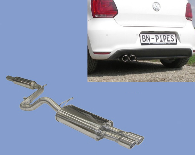 BN-PIPES Sportauspuff / Anlage 60mm ab Kat. für: VW Polo GTI - 6R |  Endrohr-Typ:  2x 70 rund eingerollt, 20° angeschrägt / 1 Anlage sofort lieferbar.