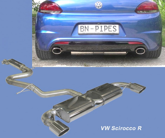 BN-PIPES Sportauspuff / Anlage 70mm ab Kat. für: VW Scirocco R | Endrohr-Typ: 2x 118x85 oval eingerollt, 20° angeschrägt - Linke Seite mit Klappe