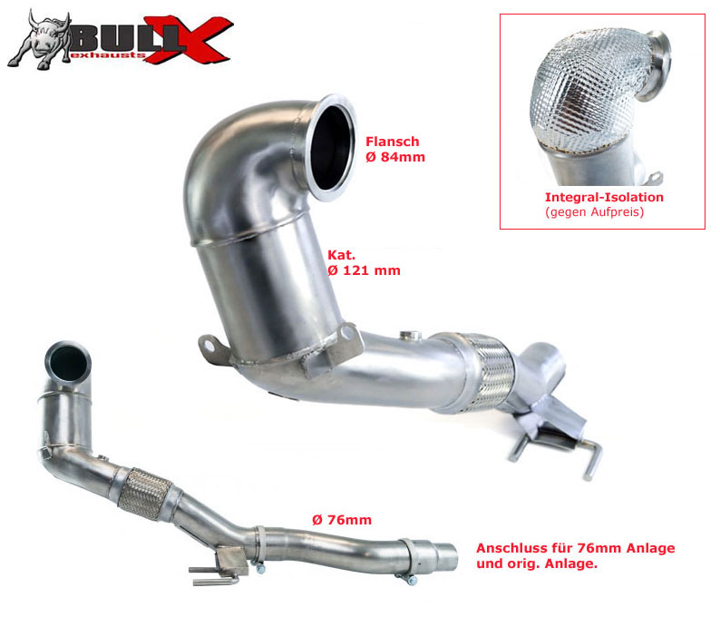 BULL-X Downpipe EGO / 121/76mm für: SEAT Leon Cupra - 5F  |  2.0TFSI - 195,206,213,221,228 kW | mit Metall-Kat. 200 cpsi, Ø 121mm / mit CH-Zulassung