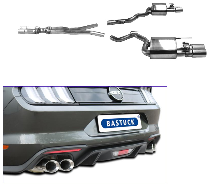 BASTUCK Sportauspuff / Duplex-Anlage ab Kat. für: FORD Mustang GT - LAE, Facelift, 2018- / 5.0 - 331 kW |  Endrohre:  4x 100 Race, seitlich schräg / für die orig. Klappensteuerung, passend
