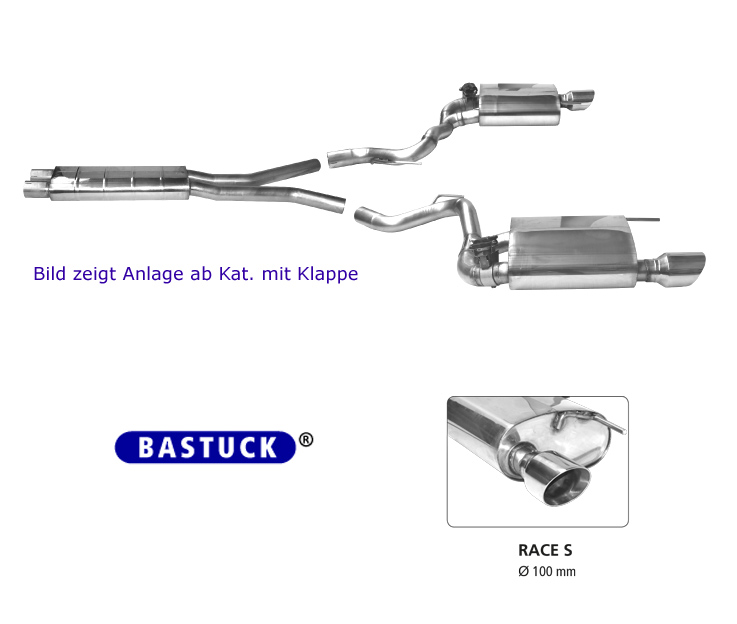 BASTUCK Klappen-Auspuff / Duplex-Anlage ab Kat. für: FORD Mustang GT - LAE / 5.0 - 306,310 kW |  Endrohre:  2x 100 Race, schräg / mit GPS-gesteuerten Klappen (sind über 70 km/h offen).