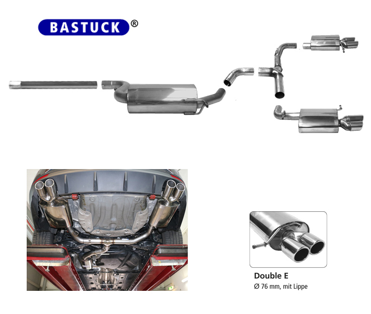 BASTUCK Sportauspuff / Duplex-Anlage 70mm ab Kat. für: SEAT Leon ST Cupra - 5F / 2.0TSI - 195,206,213,221 kW |  Endrohre: 4x76 rund eingerollt, schräg
