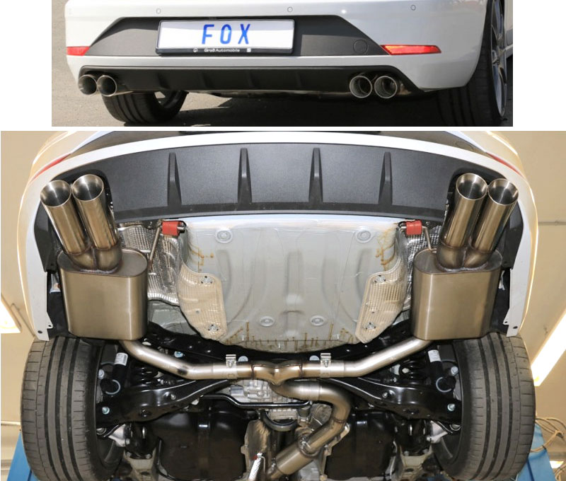 FOX Sportauspuff / Duplex-Anlage 70mm ab Kat./OPF für: SEAT Leon ST Cupra 300 4Drive - 5F / 2.0TSI - 221 kW, mit OPF |  Endrohr-Typ: 4x 80 rund, schräg, versetzt  |  Hinweise: S,25