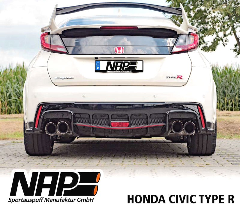 NAP Sportauspuff / Klappen-Anlage 70mm ab Kat. für: HONDA Civic Type R - FK2, 2015-17 / 2.0T - 228 kW |  Endrohre: 4x 100 rund,schräg, poliert / Klappe mit elektr. Stellmotor, umschaltbar über die +R Taste