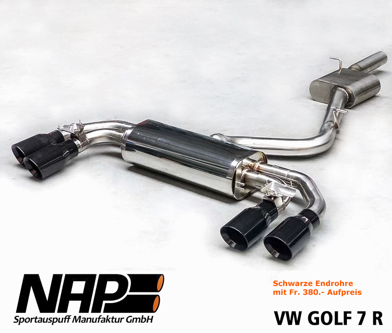 NAP Sportauspuff / Anlage 70mm ab Kat. für: VW Golf 7 R / 2.0TFSI - 221 kW |  Anlage mit Klappen / Endrohre: 4x 100 rund,schräg, poliert |  Endrohre schwarz + Fr. 380.-, Carbon + Fr. 420.-