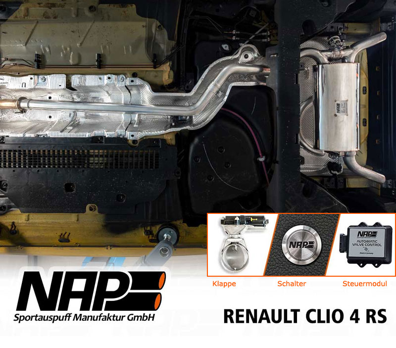 NAP Sportauspuff / Klappen-Anlage ab Kat. für: RENAULT Clio RS, RS Trophy / 1.6T - 147,162 kW |  Anlage ohne VSD / Endrohre: nicht sichtbar, Optik bleibt orig. / mit CH-Gutachten