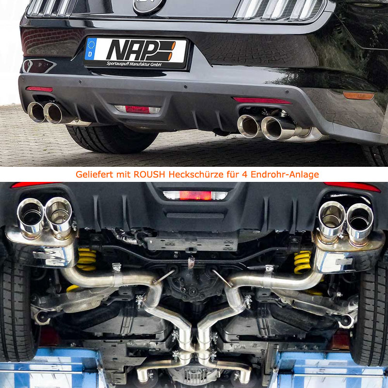 NAP Sportauspuff / Klappen-Anlage ab Kat. für: FORD Mustang GT / 2015- / 5.0 - 310 kW |  Endrohre: 4x 100 rund,gerade |  Anlage hat statt einem VSD eine X-Pipe / mit CH-Gutachten | Geliefert mit ROUSH Heckschürze
