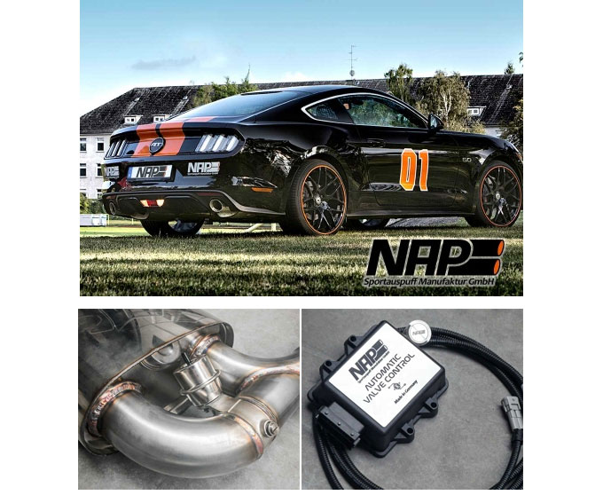 NAP Sportauspuff / Klappen-Anlage ab Kat. für: FORD Mustang  / 2015- / 2.3T - 233 kW |  Endrohre: 2x 100 rund,gerade |  Anlage hat statt einem VSD eine Y-Pipe / mit CH-Gutachten