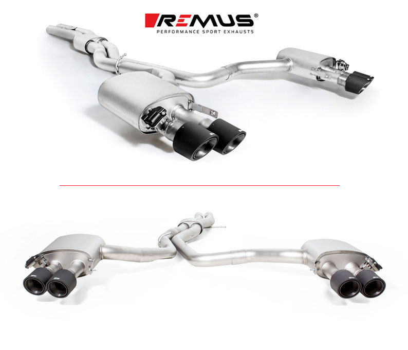 REMUS Sportauspuff / Duplex-Anlage 2x 80mm ab VSD für: AUDI RS6 Avant - 4K / V8 4.0T - 441 kW, mit OPF | Endrohre: 4x 102 schräg - Carbon/Titan