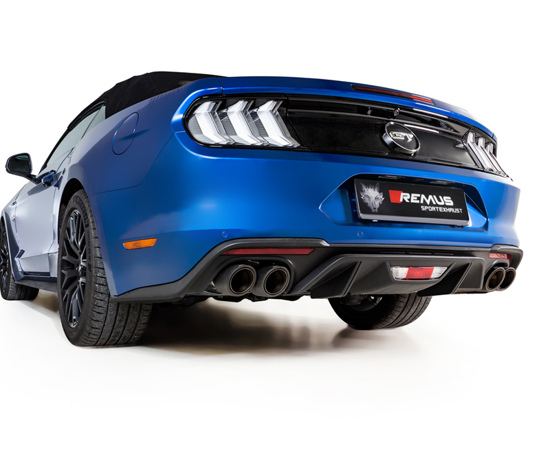 REMUS Sportauspuff / Duplex-Anlage 2x 76mm ab Kat. für: FORD Mustang GT - LAE / 5.0 - 331 kW | Endrohre 4x 102 Carbon/Titan  |  originale Klappensteuerung wird weiterverwendet
