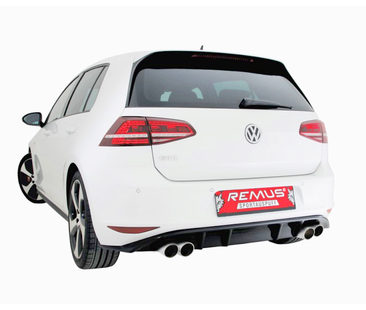 REMUS Sportauspuff / Duplex-ESD für: VW Golf 7 GTI /  2.0TFSI - 162,169 kW | Endrohre 4x 84 rund, schräg, verchromt | Geliefert mit ABS Heckschürzeneinsatz links/rechts, schwarz glänzend