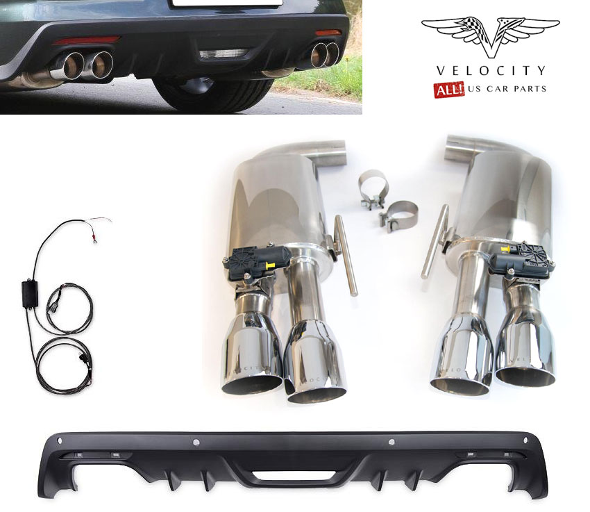 VELOCITY Sportauspuff / ESD mit Klappen für: FORD Mustang GT - LAE / 5.0 - 310 kW / Endrohre: 4x 94 rund, schräg  |  Geliefert mit ROUSH Heckansatz / passend für Mod. mit orig. Premium Heckschürze (zweiteilig), mit CH-Gutachten
