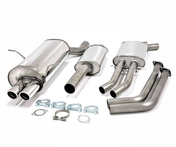 SIMONS Sportauspuff Edelstahl / Anlage 70mm ab Kat. für: BMW 320i,325i,330i - E46, Lim.,Coupé,Cabrio,Touring | Endrohr: 2x 80 rund, schräg