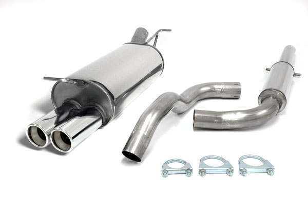 SIMONS Sportauspuff Edelstahl / Anlage 63,5mm ab Kat. für: AUDI A3 - 8L / 1.6, 1.8, 1.8T, TDI / -132 kW | Endrohr: 2x 80 rund, schräg