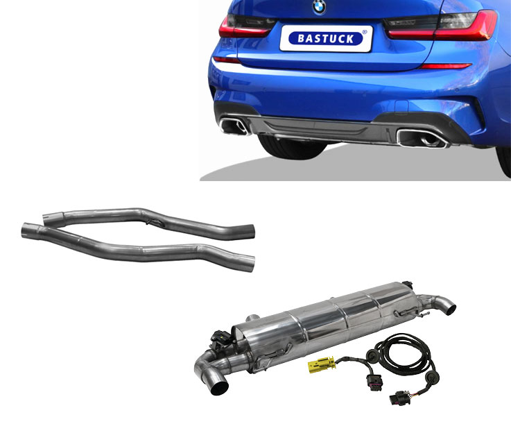 BASTUCK Sportauspuff / Duplex-Anlage 2x 70mm ab Kat./OPF für: BMW M340i,340i xDrive - G20,G21 / 3.0T - 275 kW, mit OPF | Endrohre: für die orig. Heckblende / ESD mit Klappen