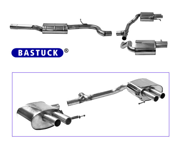 BASTUCK Sportauspuff / Duplex-Anlage 70mm ab Kat. für: VW Passat - B8, 4motion / 1.4TSI, 2.0TSI - 110,200,206 kW, ohne/mit OPF  | Endrohre: 4x 57 rund / passend für R-Line Heckschürze mit offenen Blenden