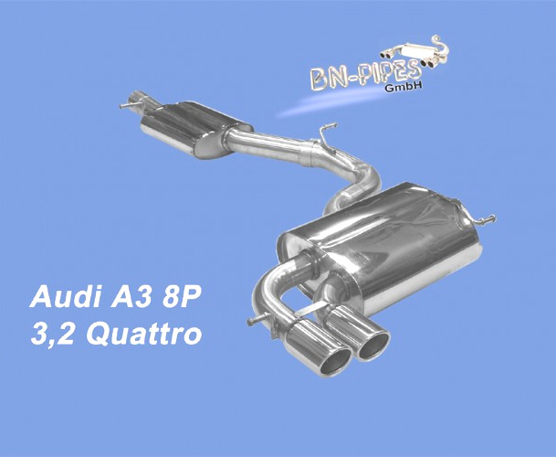 BN-PIPES Sportauspuff / Anlage 70mm ab Kat. für: AUDI A3 Quattro - 8P / V6 3.2 |  Endrohr-Typ: 2x 76 rund eingerollt, angeschrägt 20°