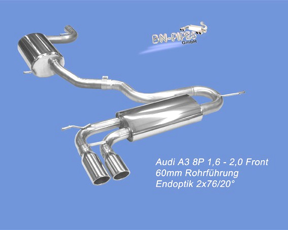 BN-PIPES Sportauspuff / Anlage 60mm ab Kat. für: AUDI A3 Cabrio - 8P / 1.8TFSI |  Endrohr-Typ: 2x 76 rund eingerollt, angeschrägt 20°