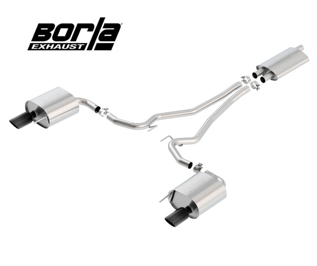 BORLA Edelstahl Sport-Auspuff / Euro Cat-Back System für: FORD Mustang 2.3 EcoBoost - 233 kW / 2015-17 | mit Endrohren Typ 36 - rund 102 mm, Black / mit CH-Gutachten