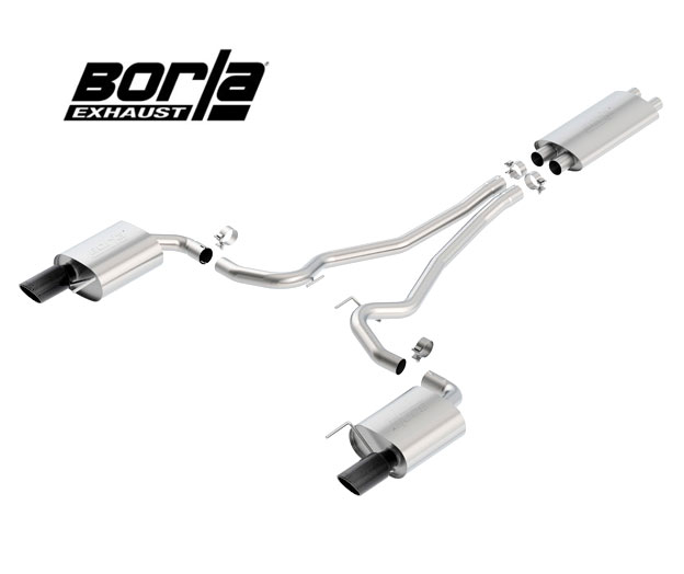 BORLA Edelstahl Sport-Auspuff / Euro Cat-Back System für: FORD Mustang GT 5.0 - 310 kW / 2015-17 | mit Endrohren Typ 36 - rund 102 mm, Black / mit CH-Gutachten