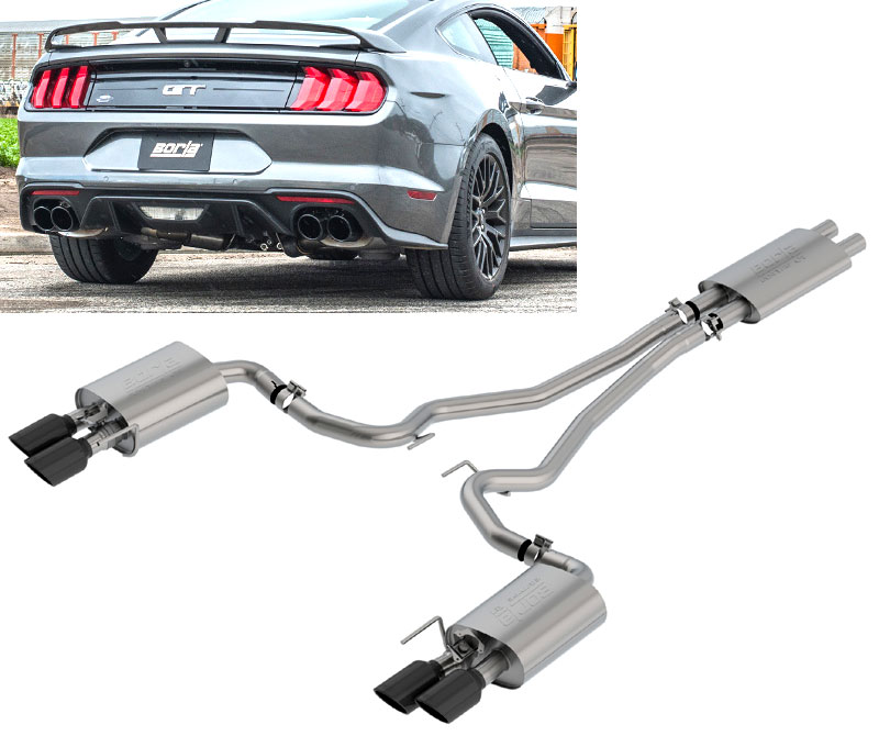 BORLA Edelstahl Sport-Auspuff / Euro Cat-Back System für: FORD Mustang GT Coupé, Cabrio / 2018- / 5.0 - 331 kw | mit Endrohren Typ 18 - 4x 102 mm - Black Chrom / ESD haben Klappen, Steuerung muss die orig. übernommen werden / mit CH-Gutachten