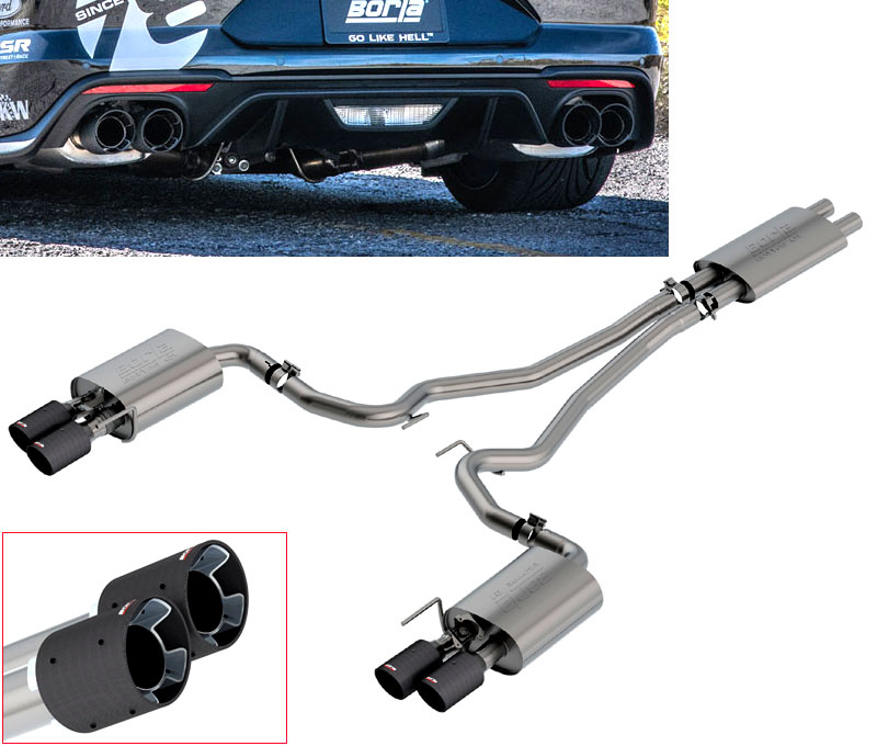 BORLA Edelstahl Sport-Auspuff / Euro Cat-Back System für: FORD Mustang GT Coupé, Cabrio / 2018- / 5.0 - 331 kw | mit Endrohren Typ 18 - 4x 102 mm - CARBON / ESD haben Klappen, Steuerung muss die orig. übernommen werden / mit CH-Gutachten