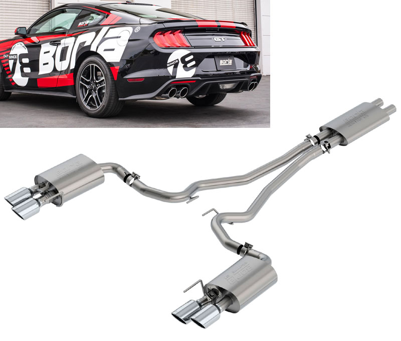 BORLA Edelstahl Sport-Auspuff / Euro Cat-Back System für: FORD Mustang GT Coupé, Cabrio / 2018- / 5.0 - 331 kw | mit Endrohren Typ 18 - 4x 102 mm / ESD haben Klappen, Steuerung muss die orig. übernommen werden / mit CH-Gutachten