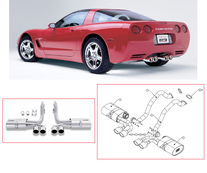 BORLA Edelstahl Sport-Auspuff / Euro Cat-Back System für: CHEVROLET Corvette C5 / 5.7 - 253 kW / 1997-04 | mit Endrohren Typ 29, oval 108x89 / mit CH-Gutachten