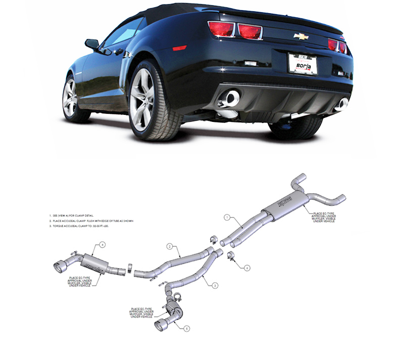 BORLA Edelstahl Sport-Auspuff / Euro Cat-Back System für: CHEVROLET Camaro V8 6.2 Cabrio - 298,318 kW / 2014- | mit Endrohren Typ 35 - rund 114 mm / mit CH-Gutachten / ca. 8 PS Mehrleistung / geliefert mit Distanzplatten für die Chassisverstärkung