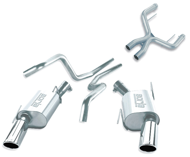 BORLA Edelstahl Sport-Auspuff / Euro Cat-Back System für: FORD Mustang GT V8, Shelby 500 4.6,5.4 / 2005-09 / 224,235,355,368,372 kW | mit Endrohr Typ 36 - 101 mm / mit CH-Gutachten | inkl. X-Pipe zur Drehmomenterhöhung