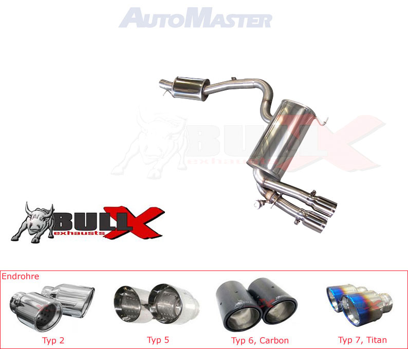 BULL-X Sportauspuff / Anlage 76mm ab Kat. für: AUDI S3 - 8P / 2.0TFSI - 195 kW /  erhältliche Endrohre: 8a,9a,2a,2b,5a,6b,7b / mit Klappe wie original