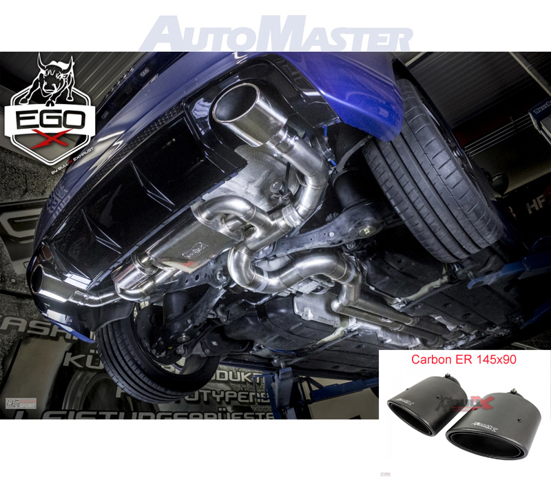 BULL-X Sportauspuff / EGO-X Anlage 89mm für: AUDI RS3 - 8V / 2.5TFSI - 270 kW / erhältliche Endrohre: 2x 145x90 oval, poliert oder Carbon (+ Fr. 120.-) + 170x110 oval (+ Fr. 80.-).