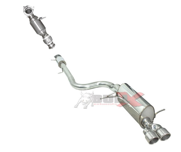 BULL-X Sportauspuff Edelstahl / Anlage 76mm ab Turbo für: FORD Fiesta ST - JA8 /  1.6T - 134 kW (Euro 5) / Endrohr 2x 76mm eingerollt,schräg / auch mit Endrohren 2x 76mm scharfkantig,schräg erhältlich / inkl. HJS Downpipe 70mm mit 200cpsi Sport-Kat.
