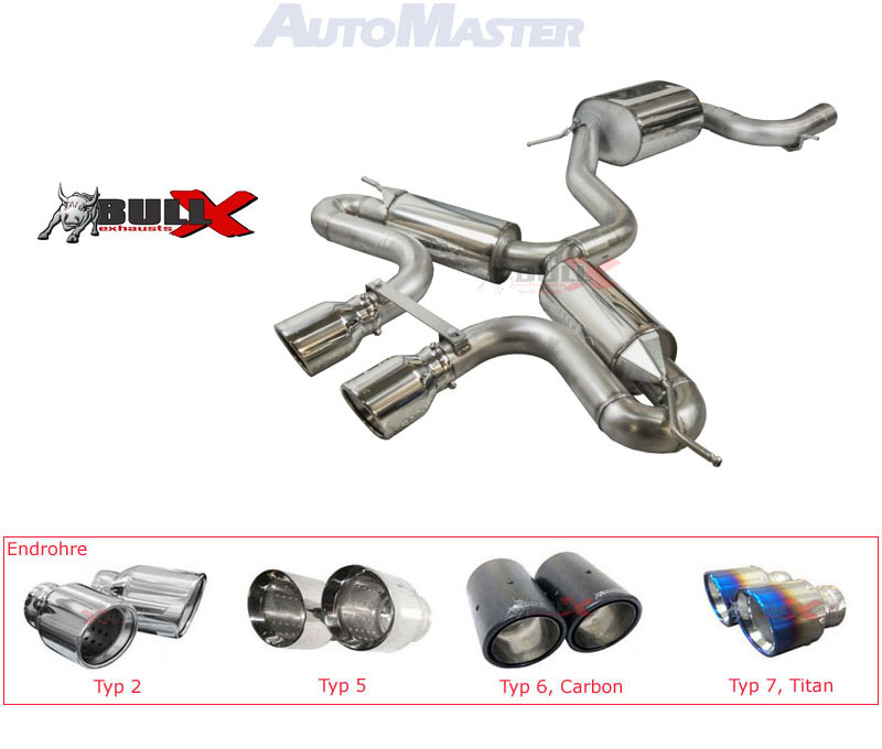 BULL-X Sportauspuff Edelstahl / Anlage 76mm Y-Style ab Kat. für: SEAT Leon - 1P, inkl. FR,Cupra,Cupra R / 2.0TFSI - 136,147,155,177,195 kW / Anlage im R32-Look |  erhältliche Endrohre: 2c,5a,5b,6a,6b,7a,7b