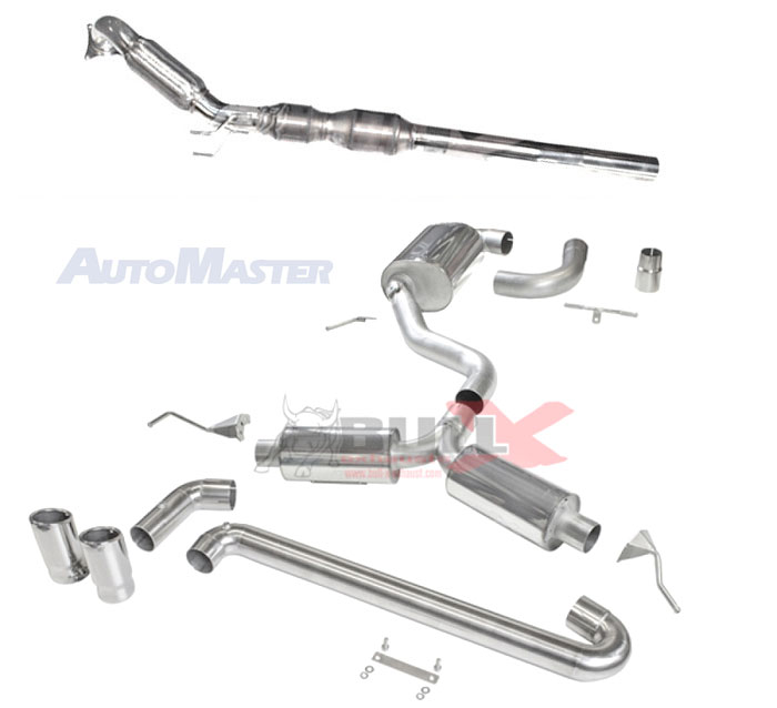 BULL-X Sportauspuff Edelstahl / Anlage 76mm Y-Style ab Turbo für: SEAT Leon - 1P, inkl. FR,Cupra,Cupra R / 2.0TFSI - 136,147,155,177,195 kW / Endrohre 2x 80mm rund,schräg / weitere Endrohre erhältlich | inkl. Downpipe mit Sport-Kat 200cpsi