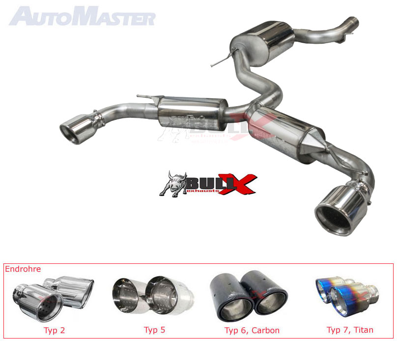BULL-X Sportauspuff Edelstahl / Duplex-Anlage 76mm Y-Style ab Kat. für: SEAT Leon - 1P, inkl. FR,Cupra,Cupra R / 2.0TFSI - 147,155,177,195 kW / Anlage für Aero-Dynamik-Kit |  erhältliche Endrohre: 2c,5a,5b,6a,6b,7a,7b