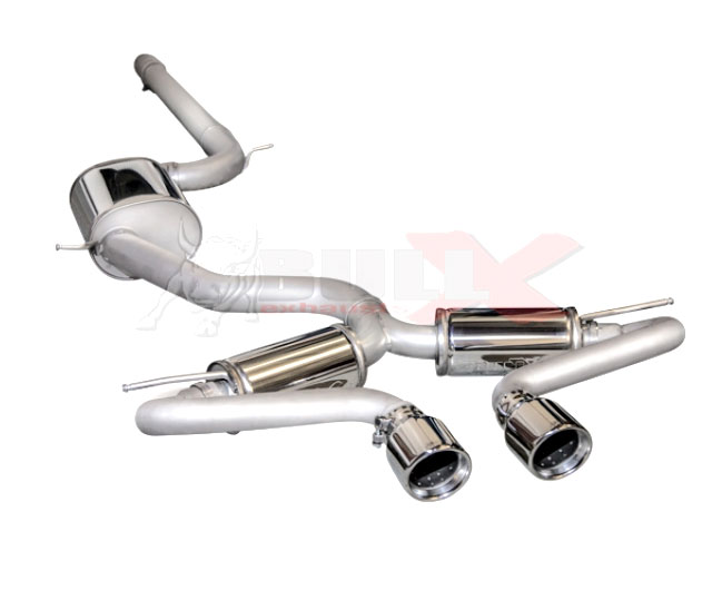 BULL-X Sportauspuff Edelstahl / Anlage 76mm Y-Style ab Kat. für: VW Golf 7 GTI - AU / 2.0TFSI - 162,169,195 kW / Anlage im R32-Look | Endrohre 2x 100mm eingerollt / weitere Endrohre erhältlich gegen Aufpreis