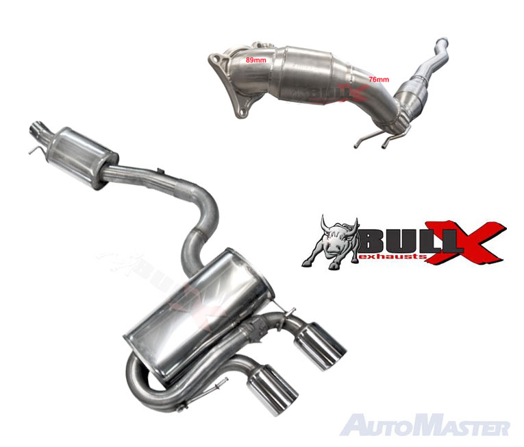 BULL-X Sportauspuff Edelstahl / Anlage 76mm ab Turbo für: VW Golf 6 R / 2.0TFSI - 199 kW / erhältliche Endrohre: 2b,2c,5a,5b,6b,6c,7b  / inkl. 89/76mm BULL-X Downpipe mit HJS Sport-Kat. 200cpsi / ESD mit Klappe