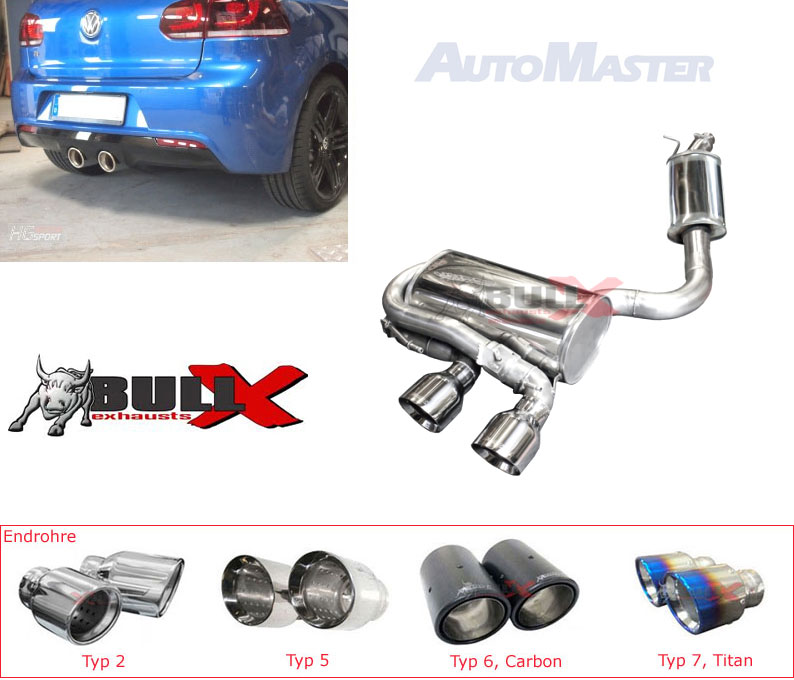BULL-X Sportauspuff / Anlage 76mm mit MSD ab Kat./VSD für: VW Golf 6 R / 2.0TFSI - 199 kW /  erhältliche Endrohre: 2b,2c,5a,5b,6b,6c,7b,7c / passend zu BULL-X Downpipe mit 200cpsi Sport-Kat. / ESD mit Klappe / Endrohre poliert sind inkl.