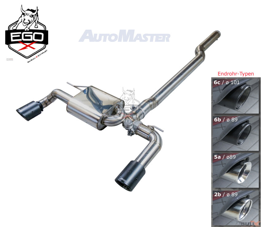 BULL-X Sportauspuff / EGO-X Anlage 89mm für: BMW 435i, 435ix - F32 / 3.0T - 225,250 kW / erhältliche Endrohre: 2b,5a,6b,6c,7b / Endrohre poliert sind inkl.