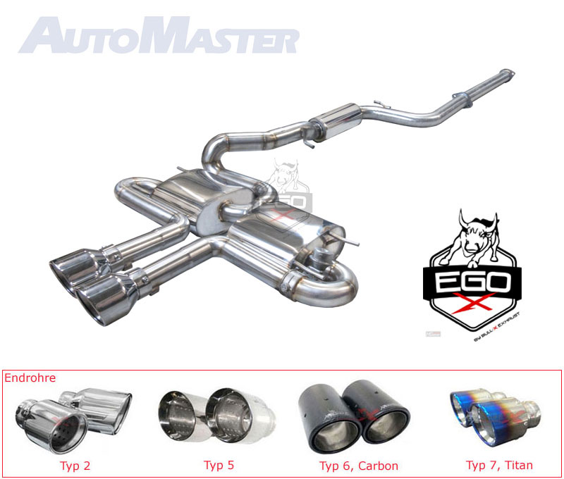 BULL-X Sportauspuff / EGO-X Anlage 76mm ab Kat. für: FORD Focus ST - DYB / 2.0T - 184 kW / erhältliche Endrohre: 2c,5a,5b,6b,6c,7a,7b / Endrohre poliert sind inkl.