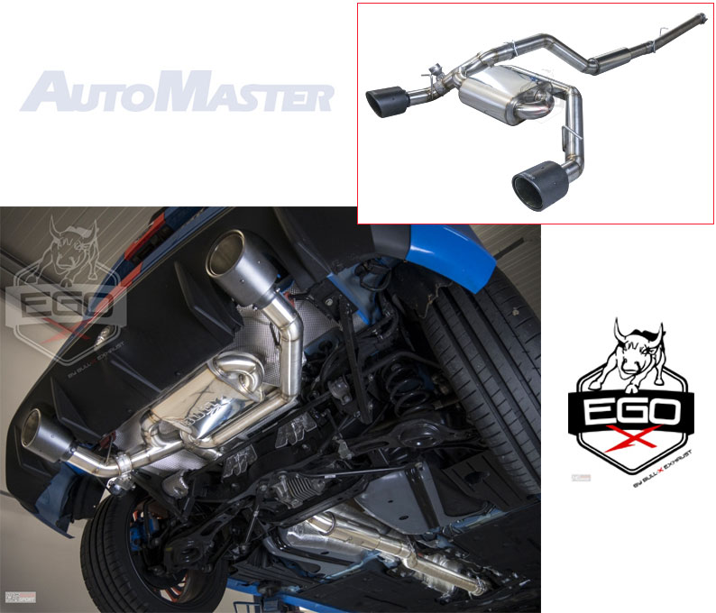 BULL-X Sportauspuff / EGO-X Anlage 76mm ab Kat. für: FORD Focus RS - DYB / 2.3T - 257 kW / erhältliche Endrohre: 2d,5c,6d,7d / Endrohre poliert sind inkl.