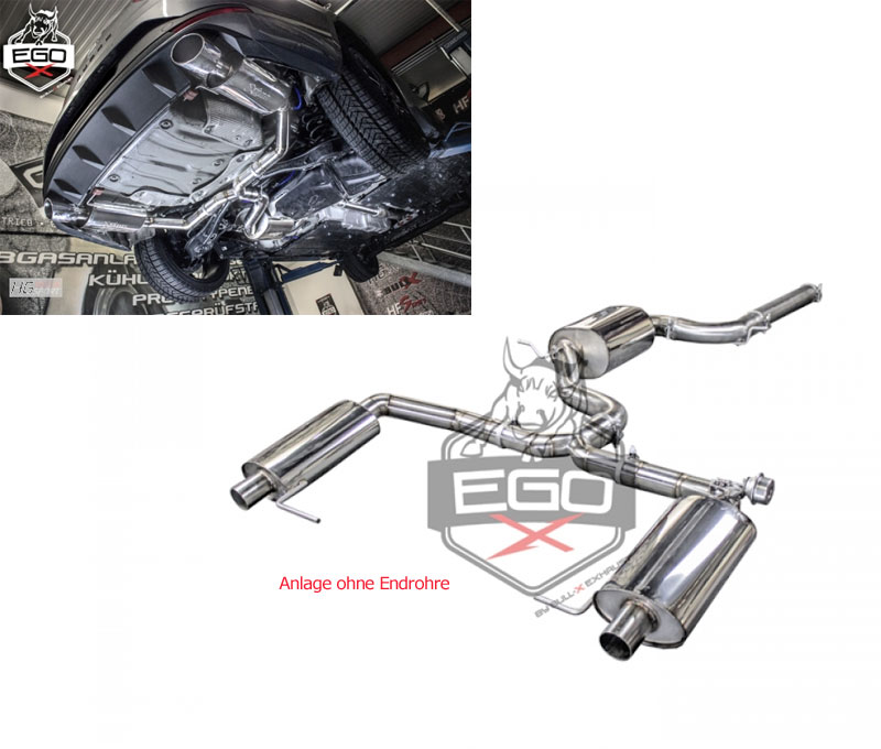 BULL-X Sportauspuff / EGO-X Anlage 76mm ab Kat. für: SEAT Leon ST Cupra - 5F / 2.0TSI - 195,206,213 kW / erhältliche Endrohre: 5b,6c,7b,Oc,COc / Endrohre poliert sind inkl.