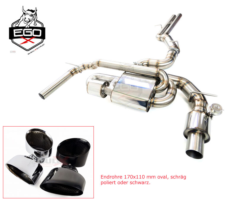 BULL-X Sportauspuff / EGO-X Anlage 89mm für: AUDI RS3 Limousine - 8V, Facelift / 2.5TFSI - 294 kW |  inkl. Endrohre Typ 22, 170x110 oval, poliert / schwarze gegen Aufpreis + Fr. 120.-.