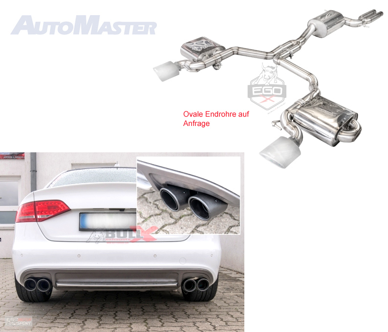 BULL-X Sportauspuff / EGO-X Anlage 76mm ab Kat. für: AUDI S4 - B8, Lim.,Avant / 3.0TFSI - 245 kW / Endrohre: 4x 89 rund, Endrohre poliert sind inkl. / mit Klappe und elektr. Steuerung