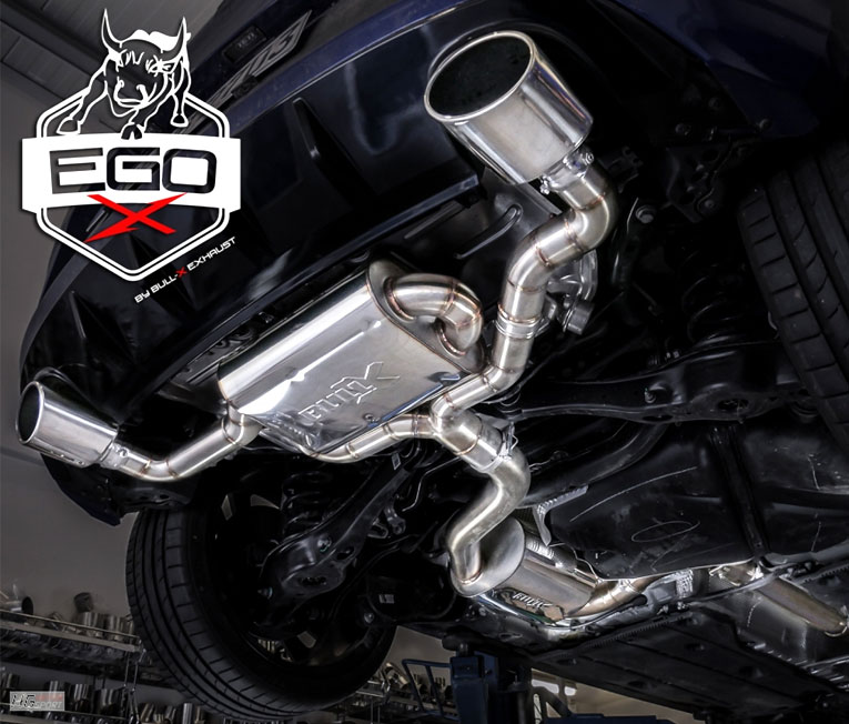 BULL-X Sportauspuff / EGO-X Anlage 76mm ab Kat. für: SEAT Leon Cupra 300 - 5F / 2.0TSI - 221 kW / erhältliche Endrohre: 5b,6c,6d,7b,Oa,Oc,COc / Endrohre poliert sind inkl.